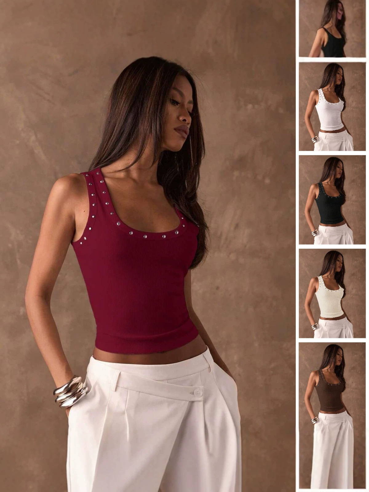 Tank Top Ribbed - Women U‑Neck Beaded Decor Ribbed Knit