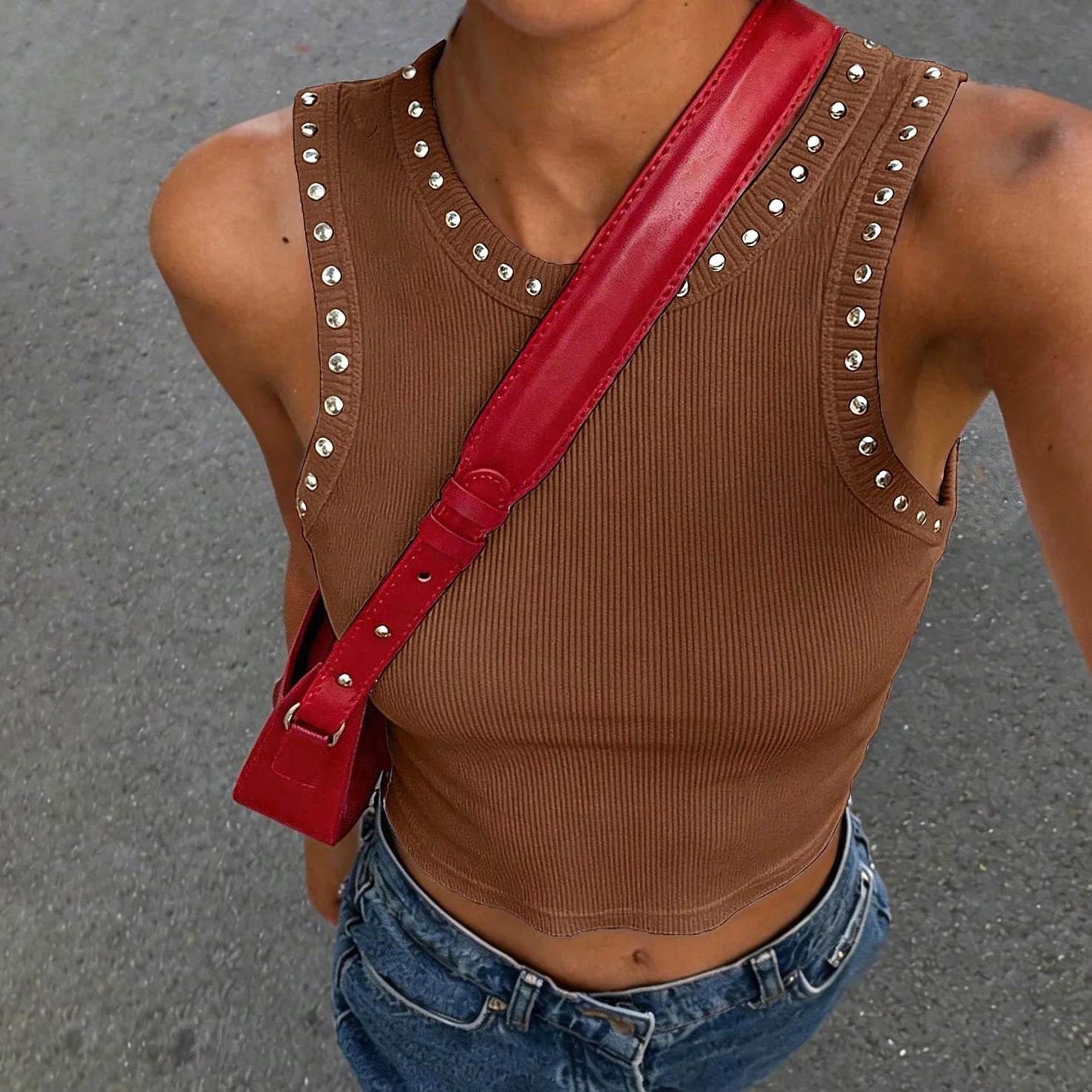 Tank Top Ribbed - Y2K Rivet Trim Ribbed Crop Tank